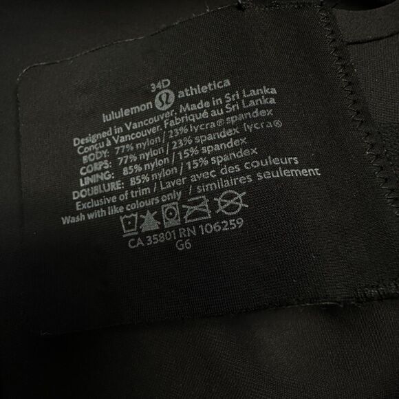 Lululemon Black Booby‎ Bracer Bra Adjustable Straps Hook & Eye Size 34 D - Picture 6 of 6